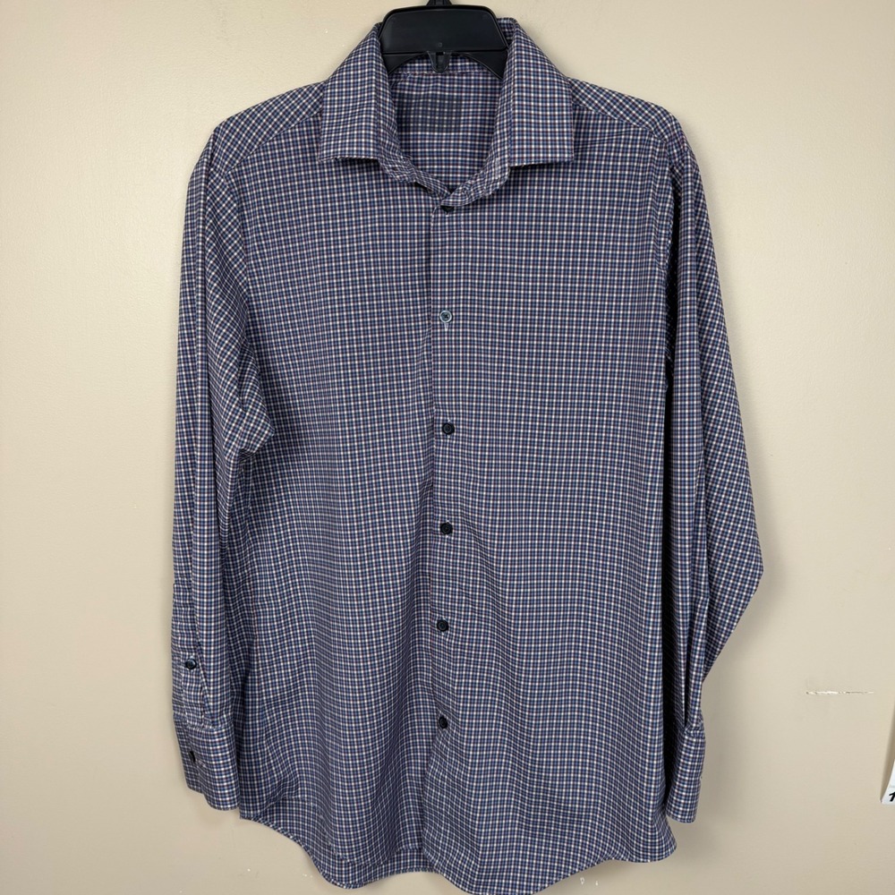 Mens Blue Burgundy Micro Check Long Sleeve Stretch Button Down Shirt Size L